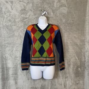 Vintage Liz Claiborne Lizwear Wool Rainbow Diamond Sweater Size SP Preppy Tennis